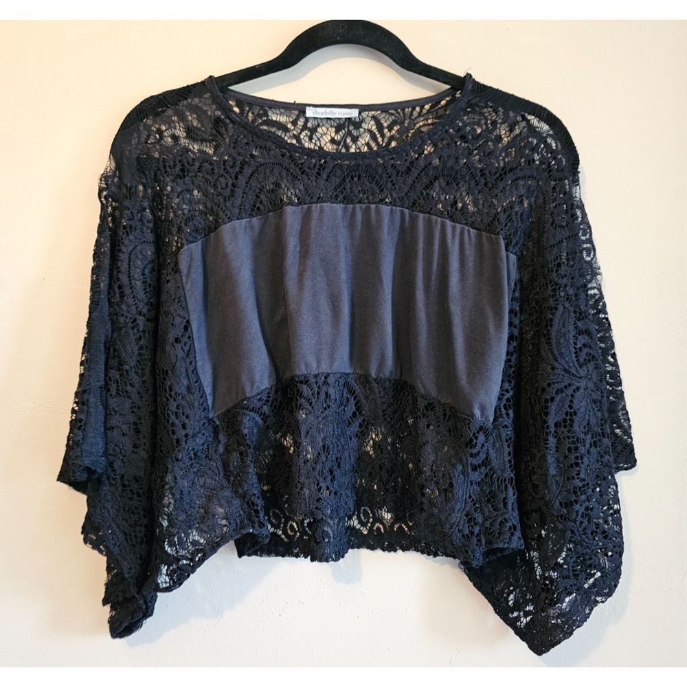 Charlotte Russe Black  Lace butterfly Sleeve Crop Top XS Gothic Y2K Made USA VTG